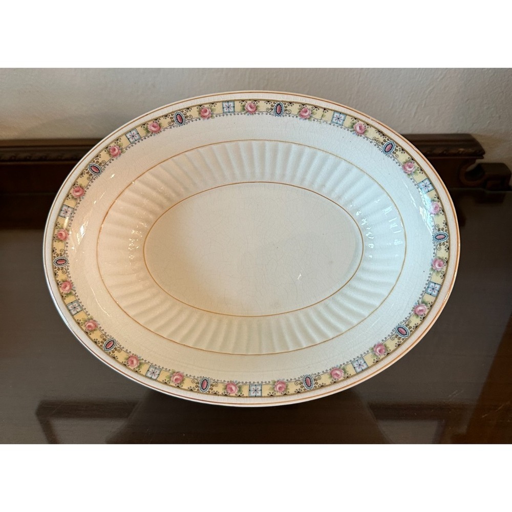 Antique 10'' x 8'' Blue & Pink Roses Scroll Knowles Taylor &‎ Knowles KT&K Bowl